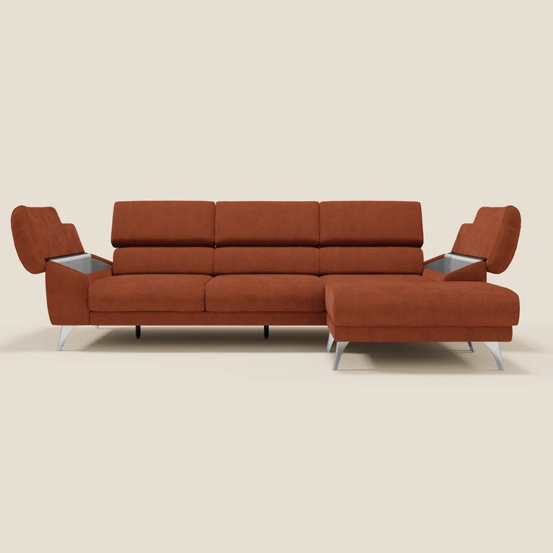 Donatello Canapé d'angle avec assises extensibles accoudoirs avec coffre et têtières en tissu détachable T23 orange rouille
