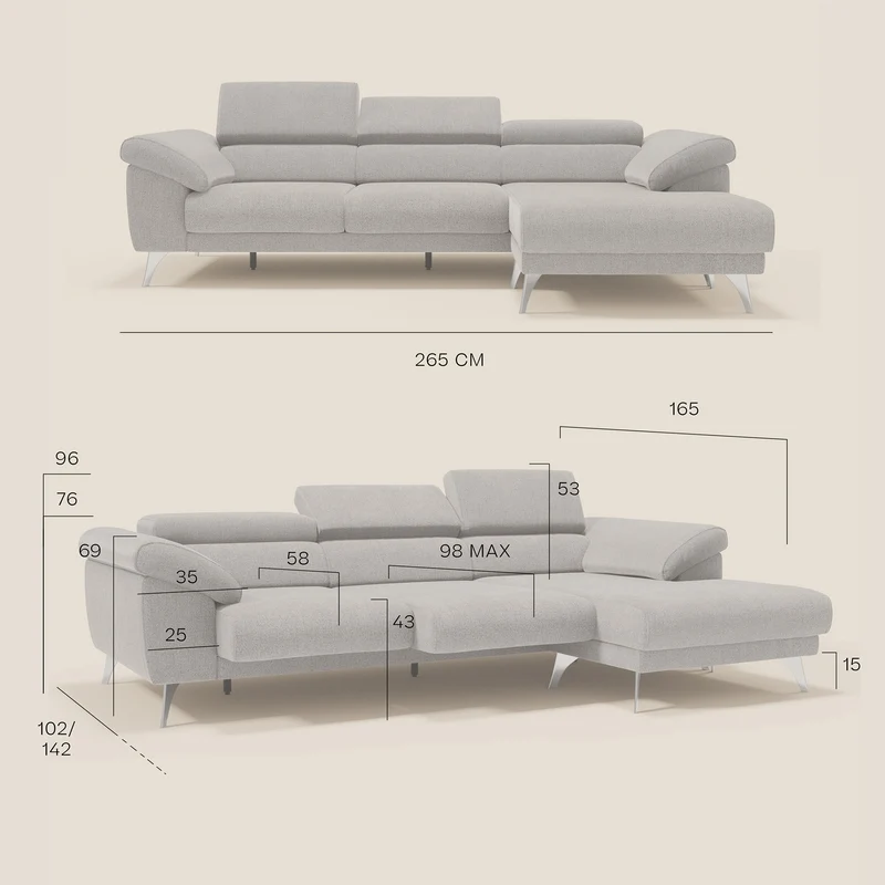 Donatello Canapé d'angle avec assises extensibles accoudoirs avec coffre et têtières en tissu détachable T23 orange rouille