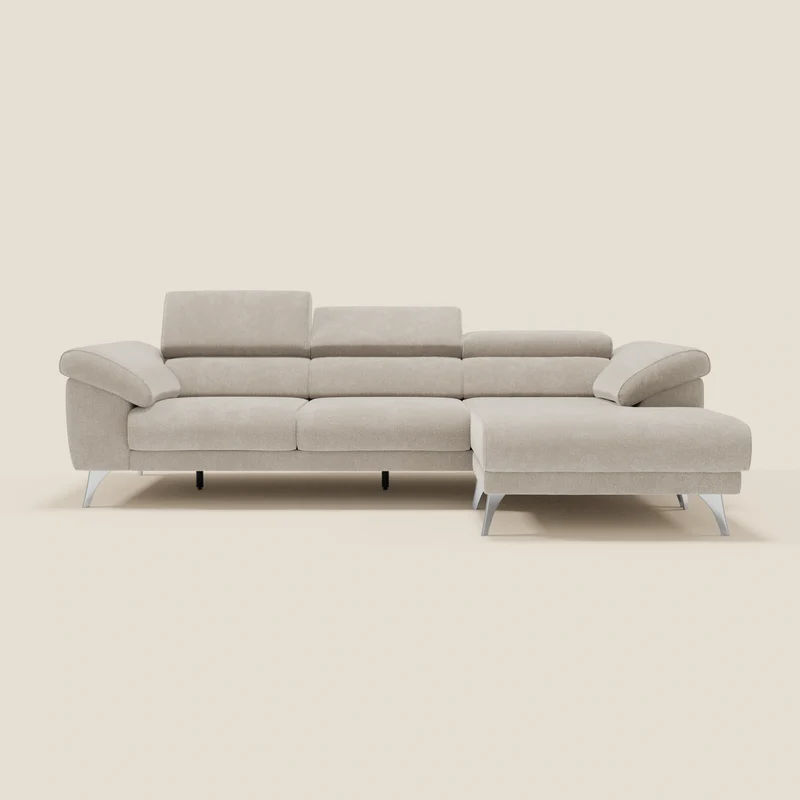 Donatello Canapé d'angle avec assises extensibles accoudoirs avec coffre et têtières en tissu détachable T23 crème