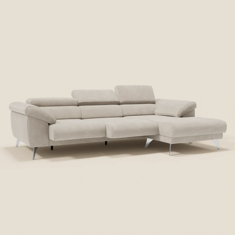 Donatello Canapé d'angle avec assises extensibles accoudoirs avec coffre et têtières en tissu détachable T23 crème