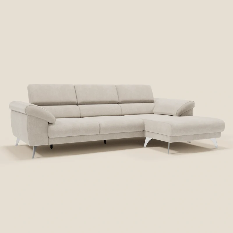 Donatello Canapé d'angle avec assises extensibles accoudoirs avec coffre et têtières en tissu détachable T23 crème