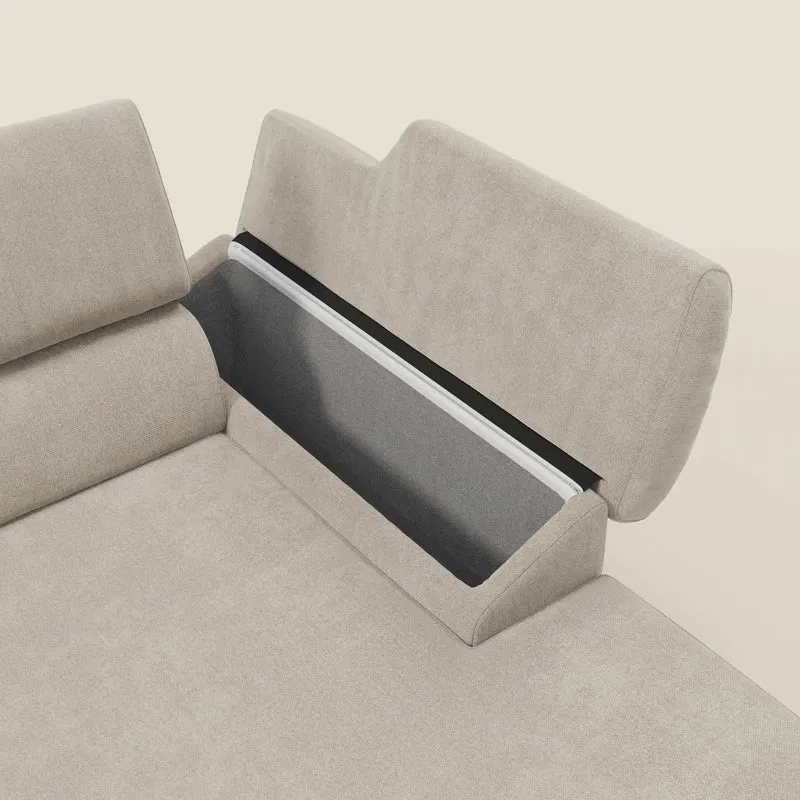 Donatello Canapé d'angle avec assises extensibles accoudoirs avec coffre et têtières en tissu détachable T23 crème