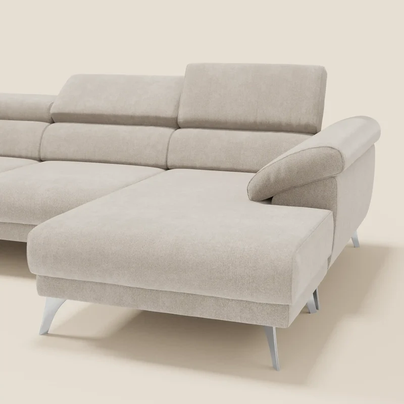 Donatello Canapé d'angle avec assises extensibles accoudoirs avec coffre et têtières en tissu détachable T23 crème