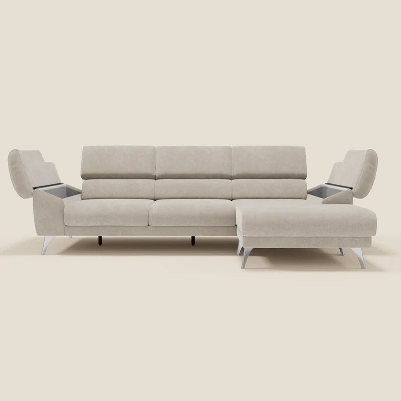 Donatello Canapé d'angle avec assises extensibles accoudoirs avec coffre et têtières en tissu détachable T23 crème