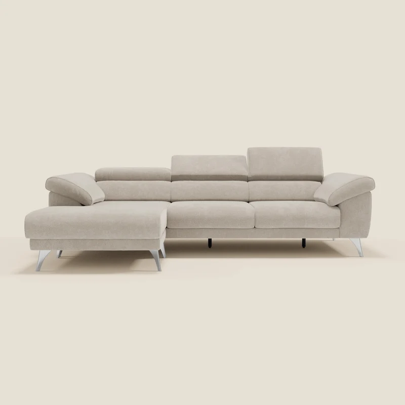 Donatello Canapé d'angle avec assises extensibles accoudoirs avec coffre et têtières en tissu détachable T23 crème