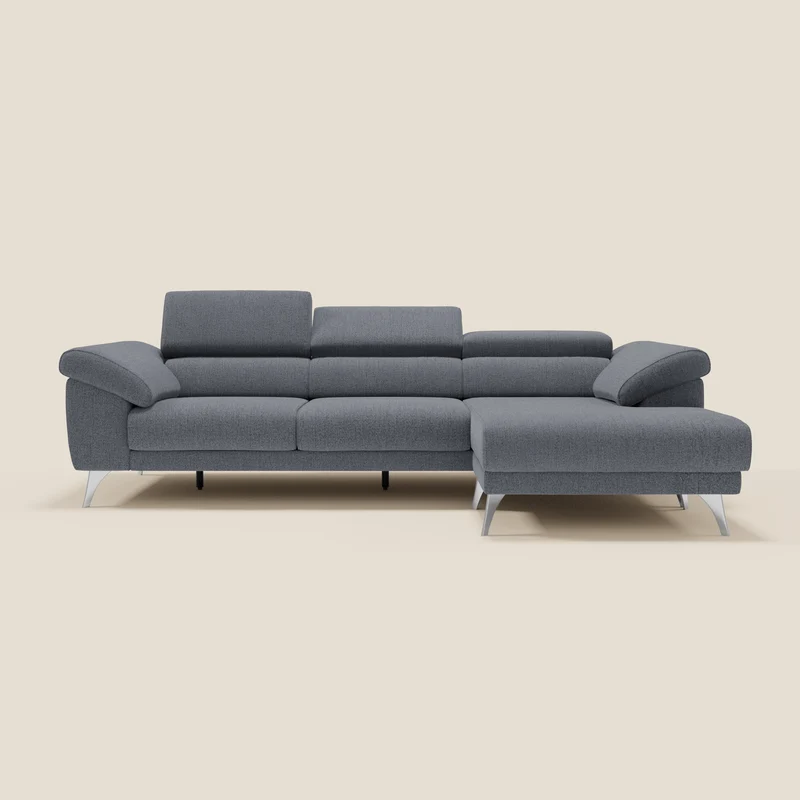 Donatello Canapé d'angle avec assises extensibles accoudoirs avec coffre et têtières en tissu détachable T23 bleu graphite