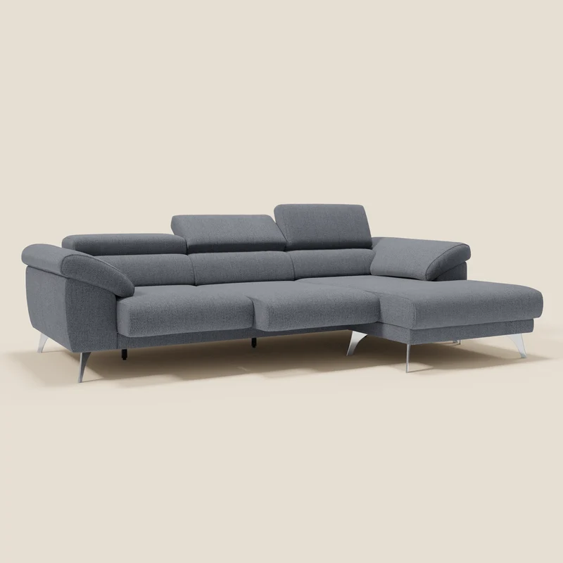 Donatello Canapé d'angle avec assises extensibles accoudoirs avec coffre et têtières en tissu détachable T23 bleu graphite