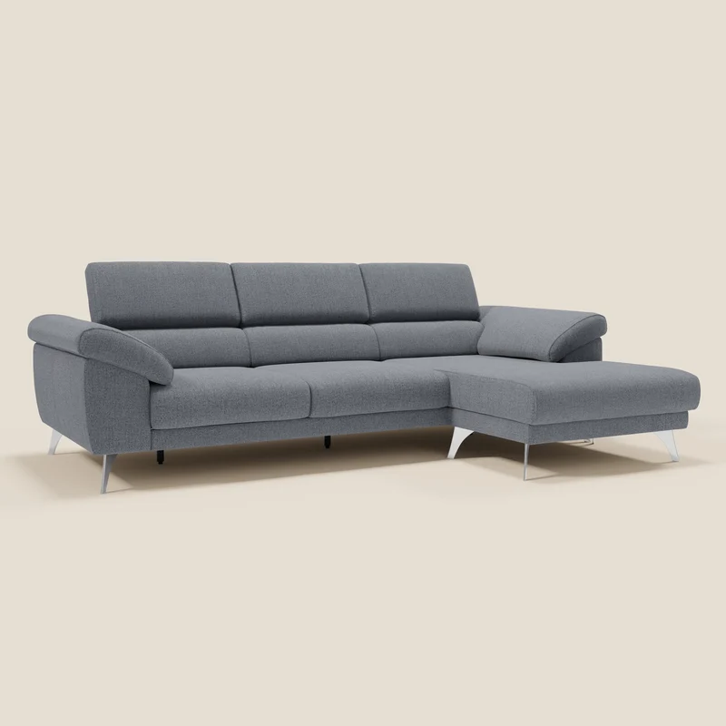 Donatello Canapé d'angle avec assises extensibles accoudoirs avec coffre et têtières en tissu détachable T23 bleu graphite