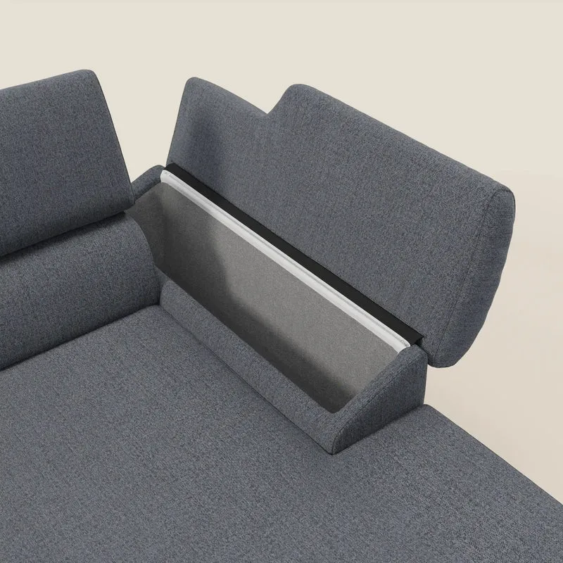 Donatello Canapé d'angle avec assises extensibles accoudoirs avec coffre et têtières en tissu détachable T23 bleu graphite