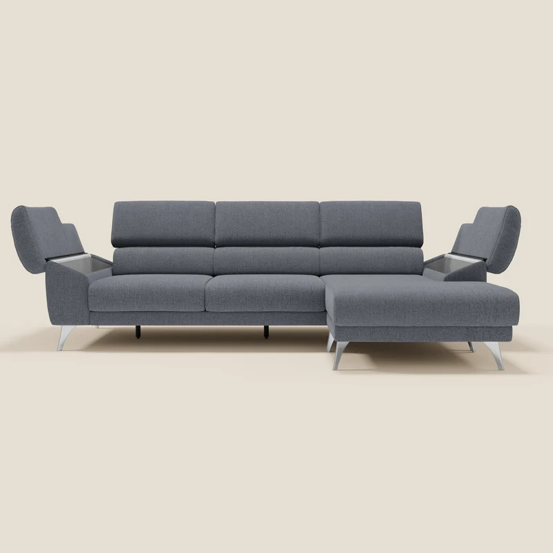 Donatello Canapé d'angle avec assises extensibles accoudoirs avec coffre et têtières en tissu détachable T23 bleu graphite