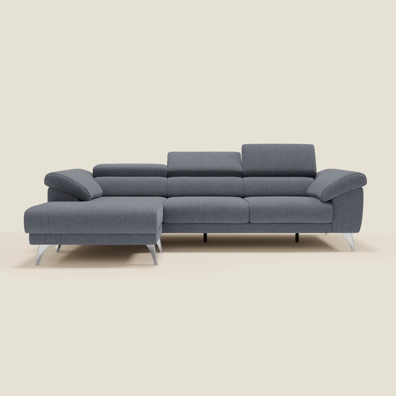 Donatello Canapé d'angle avec assises extensibles accoudoirs avec coffre et têtières en tissu détachable T23 bleu graphite