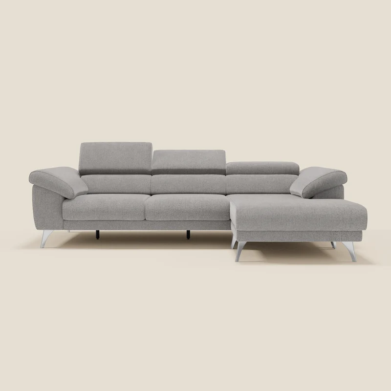 Donatello Canapé d'angle avec assises extensibles accoudoirs avec coffre et têtières en tissu détachable T23 gris