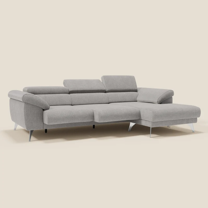 Donatello Canapé d'angle avec assises extensibles accoudoirs avec coffre et têtières en tissu détachable T23 gris