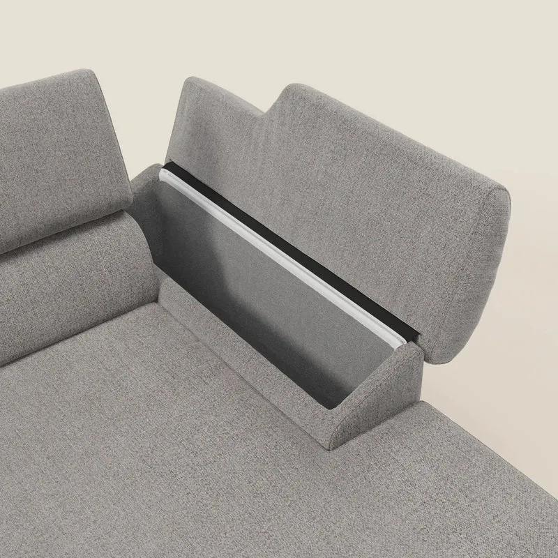 Donatello Canapé d'angle avec assises extensibles accoudoirs avec coffre et têtières en tissu détachable T23 gris