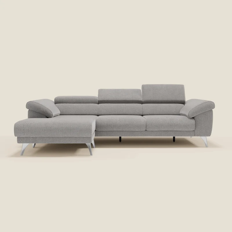 Donatello Canapé d'angle avec assises extensibles accoudoirs avec coffre et têtières en tissu détachable T23 gris