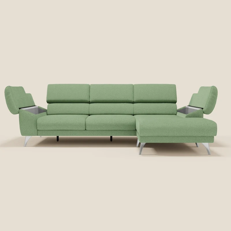 Donatello Canapé d'angle avec assises extensibles accoudoirs avec coffre et têtières en tissu détachable T23 vert menthe