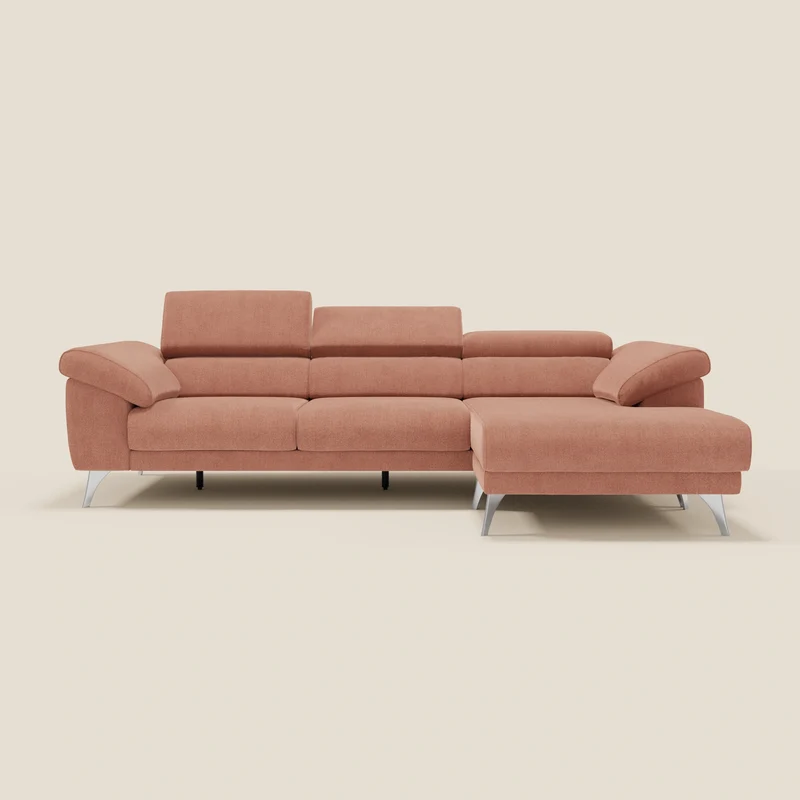 Donatello Canapé d'angle avec assises extensibles accoudoirs avec coffre et têtières en tissu détachable T23 pêche
