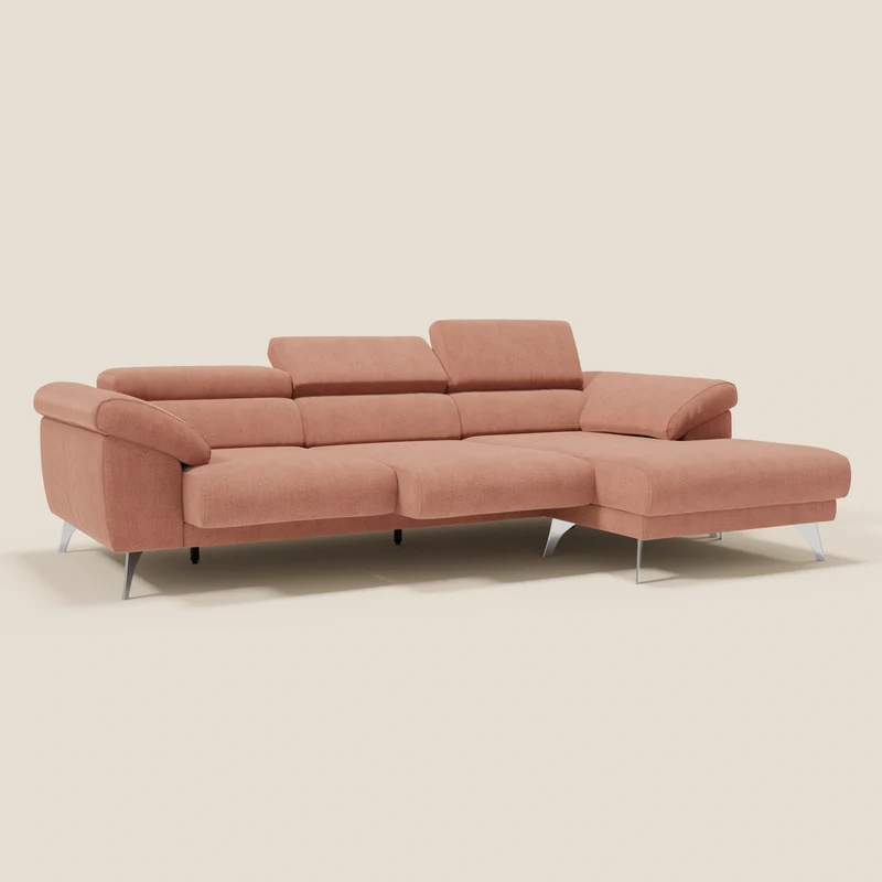 Donatello Canapé d'angle avec assises extensibles accoudoirs avec coffre et têtières en tissu détachable T23 pêche
