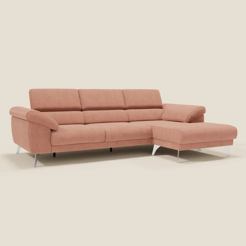 Donatello Canapé d'angle avec assises extensibles accoudoirs avec coffre et têtières en tissu détachable T23 pêche