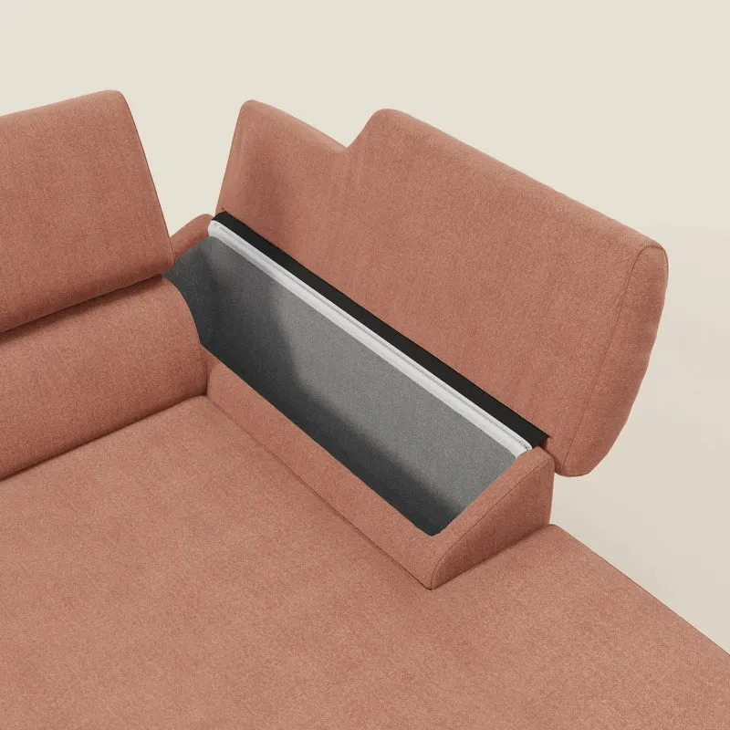 Donatello Canapé d'angle avec assises extensibles accoudoirs avec coffre et têtières en tissu détachable T23 pêche