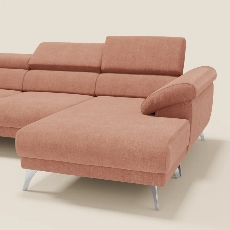Donatello Canapé d'angle avec assises extensibles accoudoirs avec coffre et têtières en tissu détachable T23 pêche