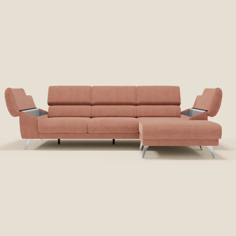 Donatello Canapé d'angle avec assises extensibles accoudoirs avec coffre et têtières en tissu détachable T23 pêche