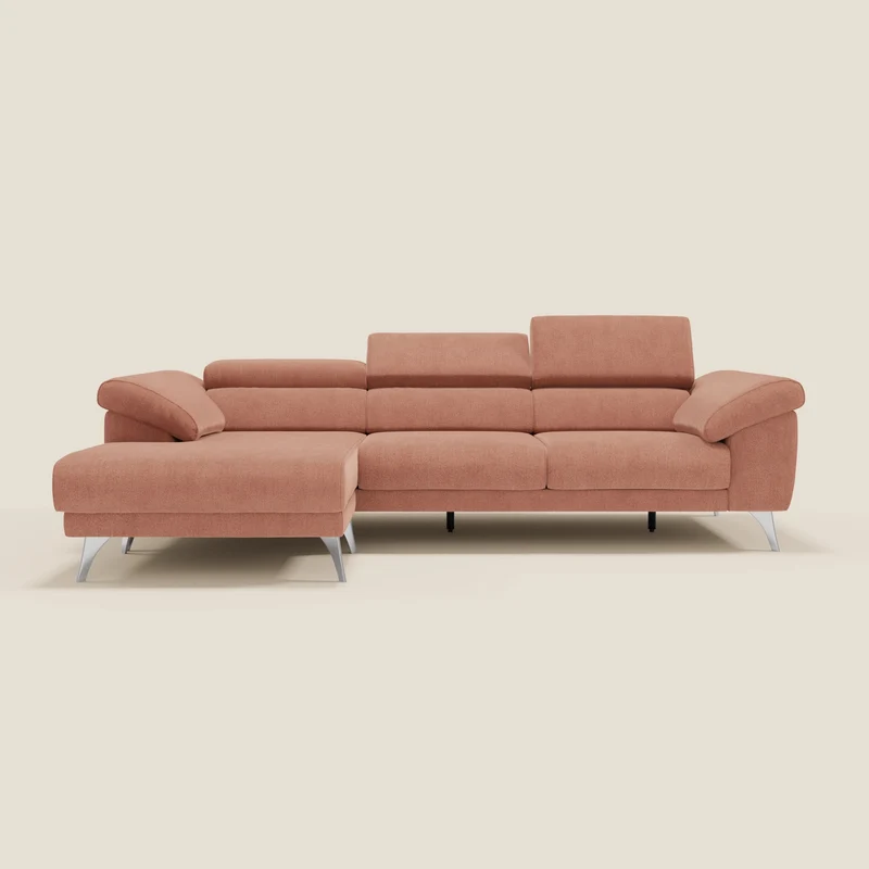 Donatello Canapé d'angle avec assises extensibles accoudoirs avec coffre et têtières en tissu détachable T23 pêche