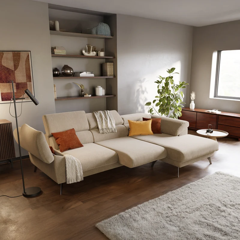 Donatello Canapé d'angle avec assises extensibles accoudoirs avec coffre et têtières en tissu détachable T23 beige