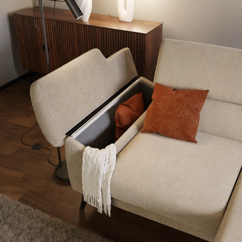 Donatello Canapé d'angle avec assises extensibles accoudoirs avec coffre et têtières en tissu détachable T23 beige