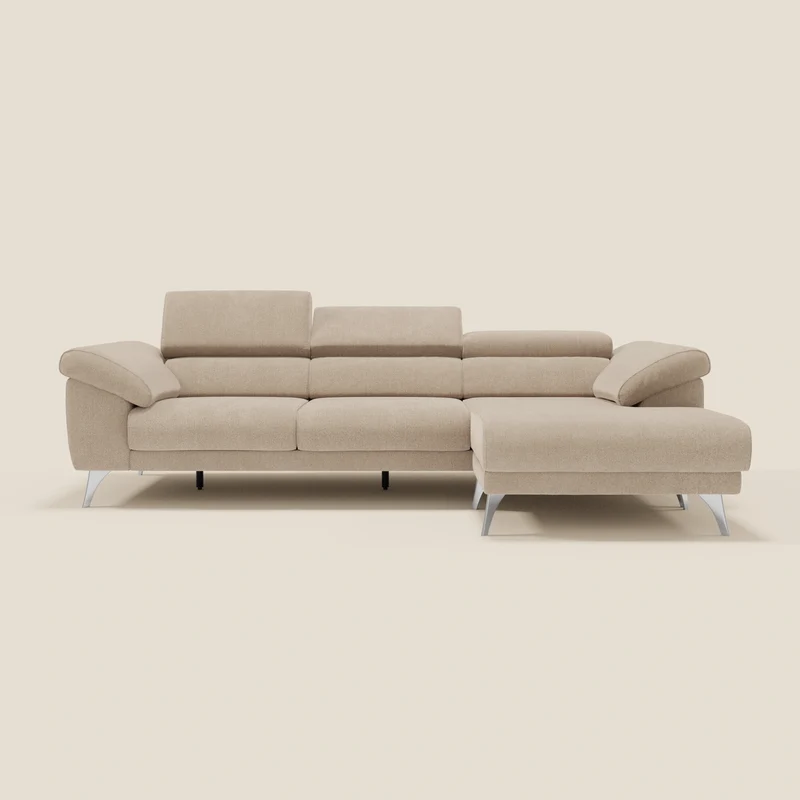 Donatello Canapé d'angle avec assises extensibles accoudoirs avec coffre et têtières en tissu détachable T23 beige