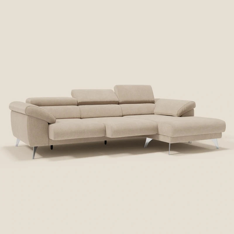 Donatello Canapé d'angle avec assises extensibles accoudoirs avec coffre et têtières en tissu détachable T23 beige