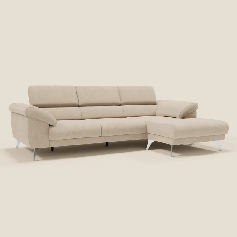 Donatello Canapé d'angle avec assises extensibles accoudoirs avec coffre et têtières en tissu détachable T23 beige