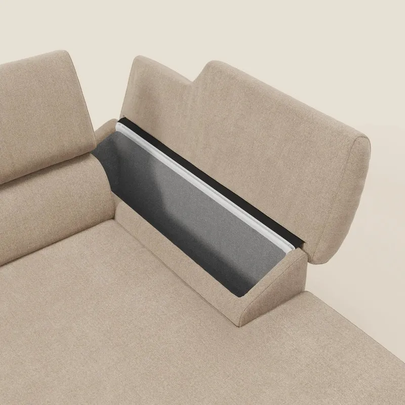 Donatello Canapé d'angle avec assises extensibles accoudoirs avec coffre et têtières en tissu détachable T23 beige