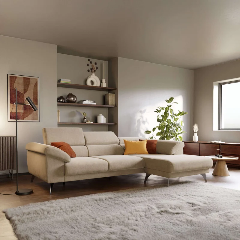 Donatello Canapé d'angle avec assises extensibles accoudoirs avec coffre et têtières en tissu détachable T23 beige