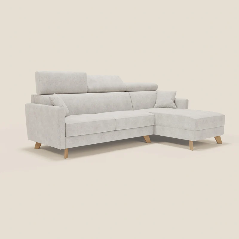Francy Canapé d'angle convertible déhoussable - méridienne avec coffre et têtières inclinables en tissu détachable T17 blanc