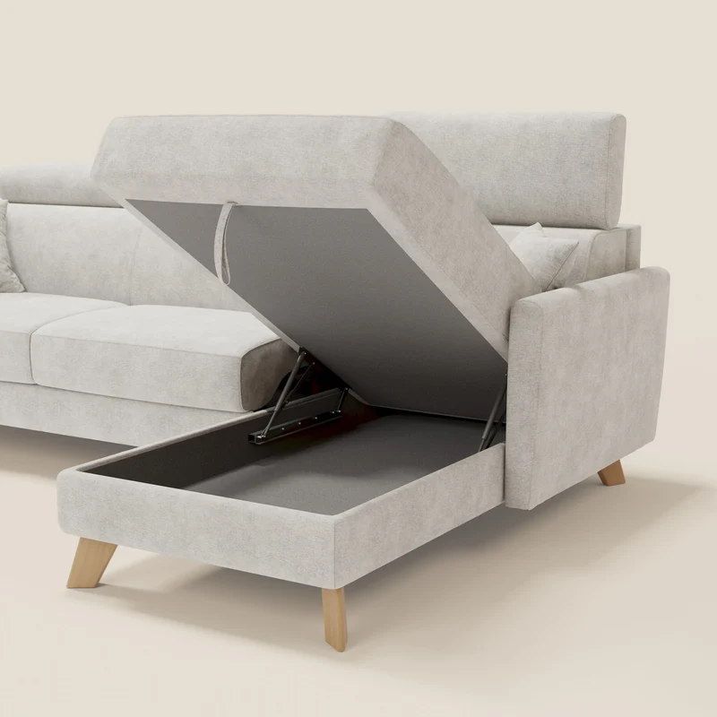 Francy Canapé d'angle convertible déhoussable - méridienne avec coffre et têtières inclinables en tissu détachable T17 blanc