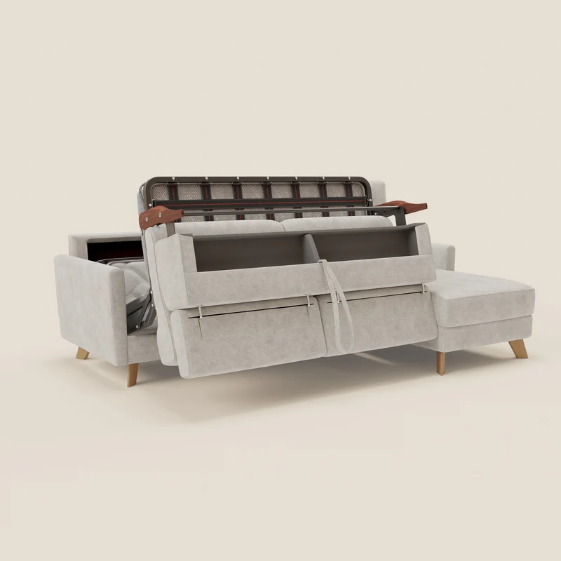 Francy Canapé d'angle convertible déhoussable - méridienne avec coffre et têtières inclinables en tissu détachable T17 blanc
