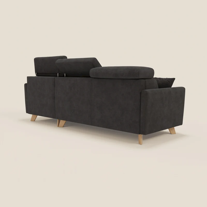 Francy canapé d'angle convertible déhoussable - méridienne avec coffre et têtières inclinables en tissu détachable T17 noir