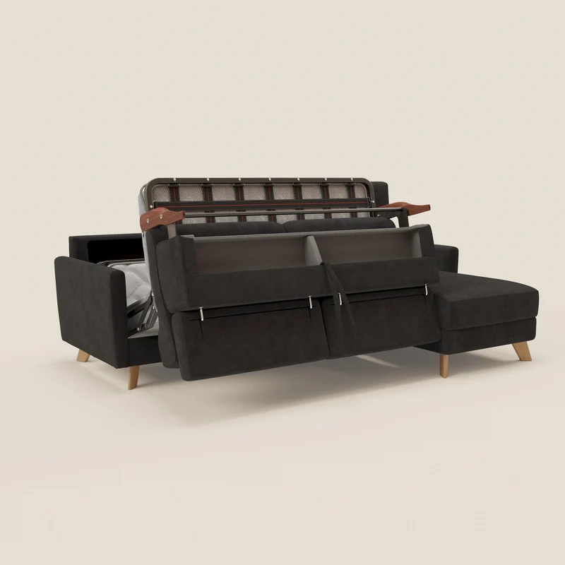 Francy canapé d'angle convertible déhoussable - méridienne avec coffre et têtières inclinables en tissu détachable T17 noir