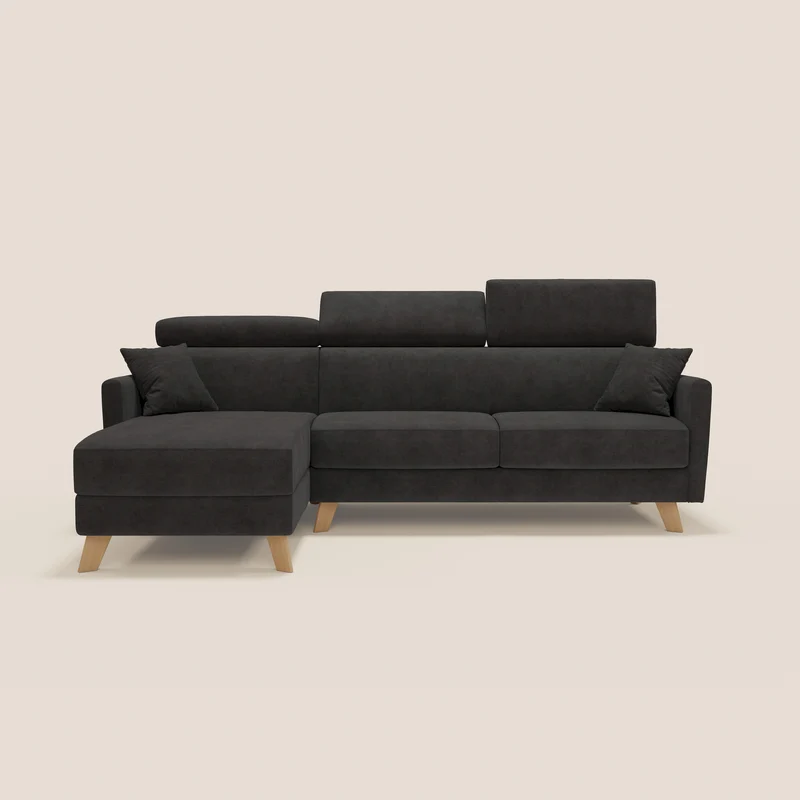 Francy canapé d'angle convertible déhoussable - méridienne avec coffre et têtières inclinables en tissu détachable T17 noir