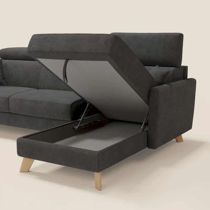 Francy canapé d'angle convertible déhoussable - méridienne avec coffre et têtières inclinables en tissu détachable T17 anthracite