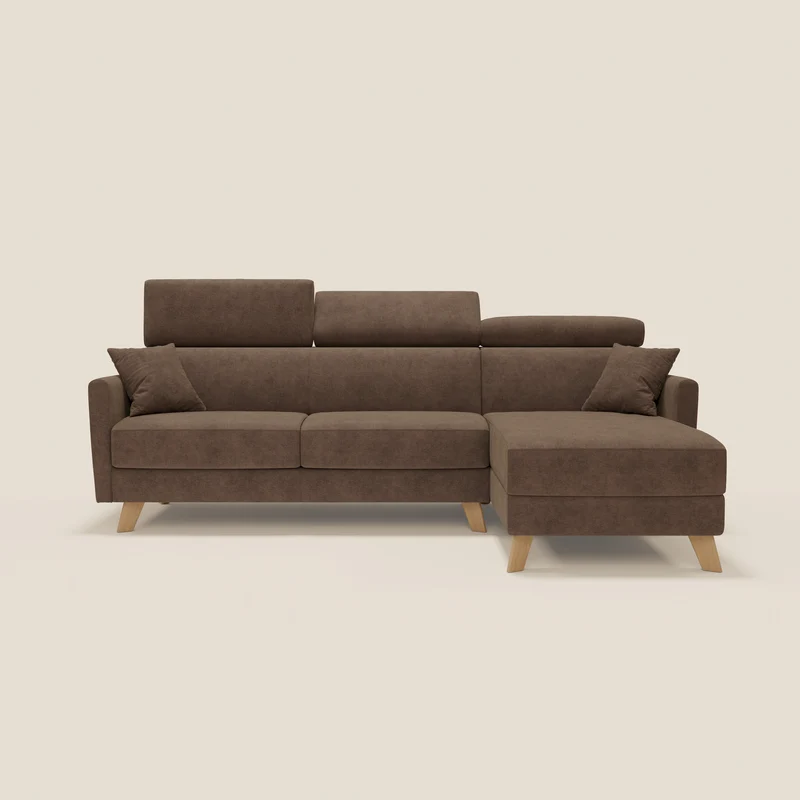 Francy canapé d'angle convertible déhoussable - méridienne avec coffre et têtières inclinables en tissu détachable T17 marron