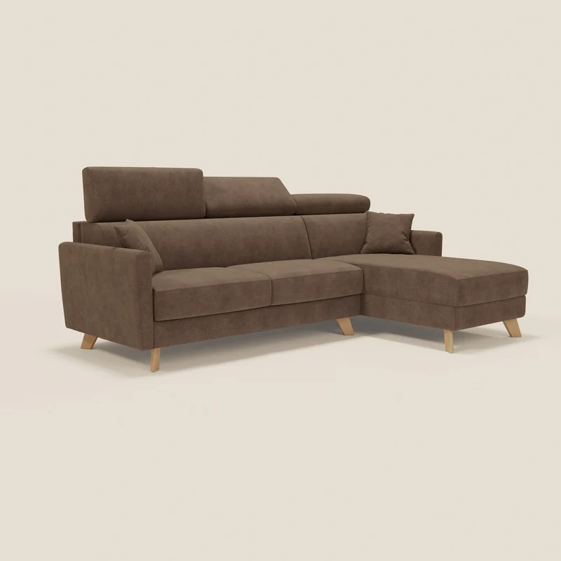 Francy canapé d'angle convertible déhoussable - méridienne avec coffre et têtières inclinables en tissu détachable T17 marron