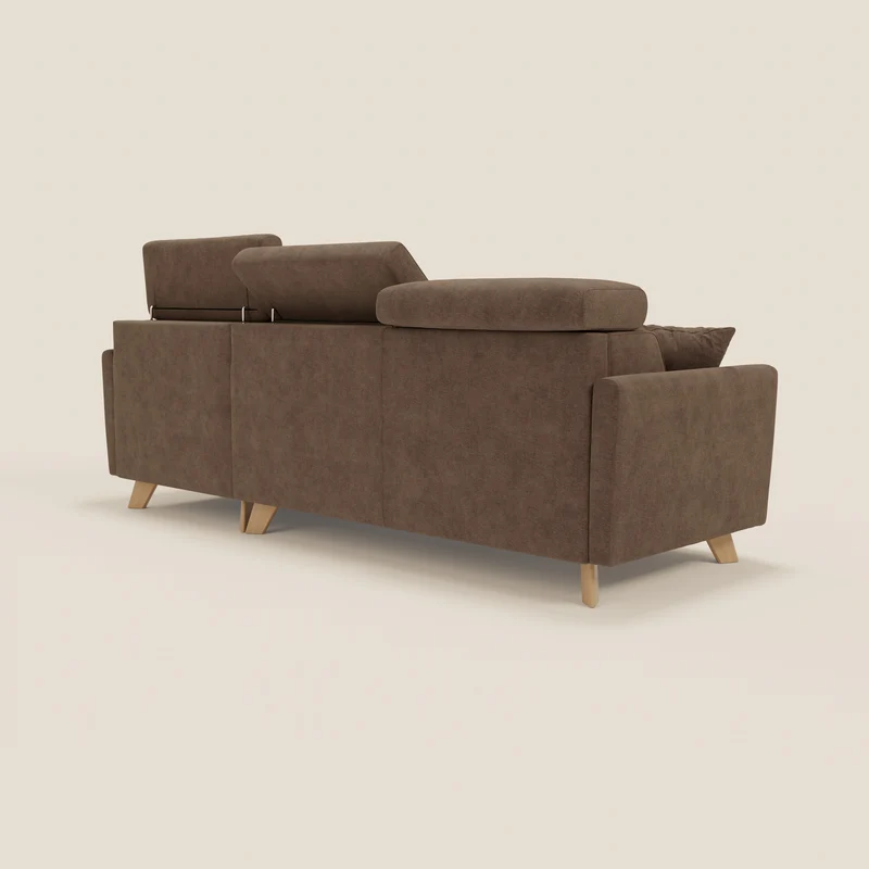 Francy canapé d'angle convertible déhoussable - méridienne avec coffre et têtières inclinables en tissu détachable T17 marron