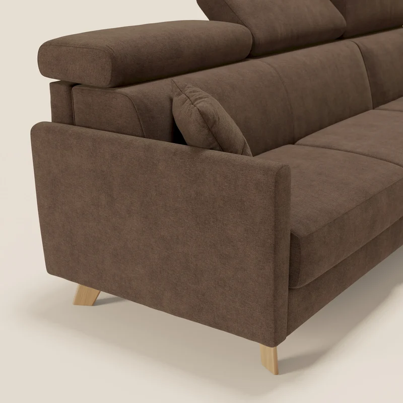 Francy canapé d'angle convertible déhoussable - méridienne avec coffre et têtières inclinables en tissu détachable T17 marron