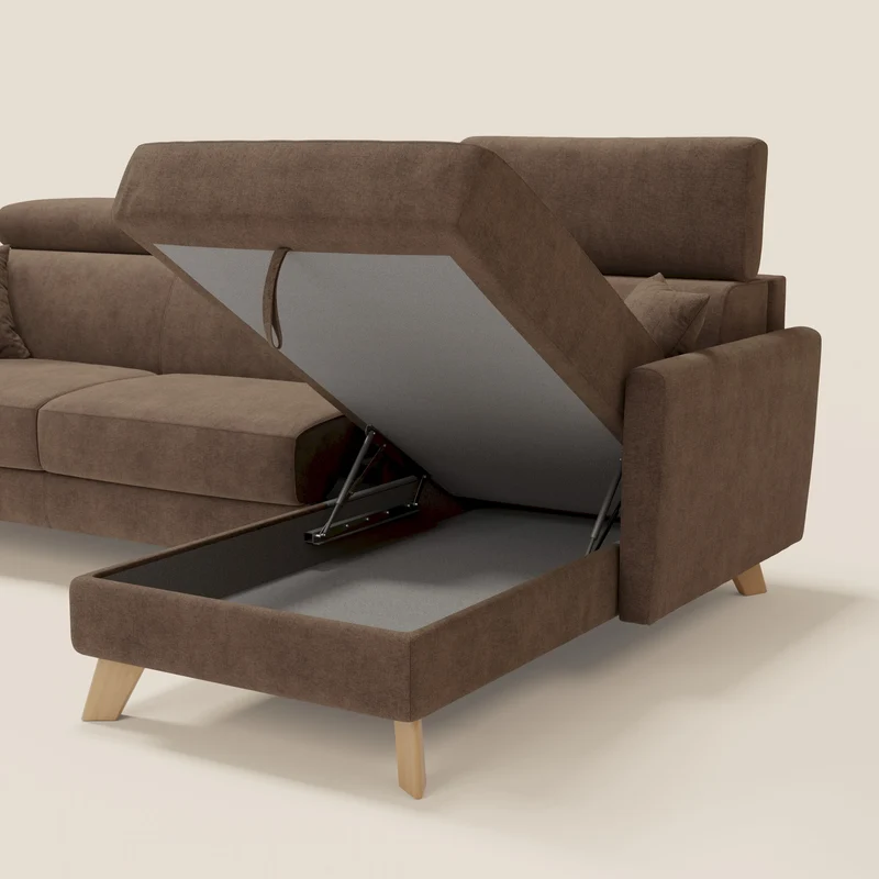Francy canapé d'angle convertible déhoussable - méridienne avec coffre et têtières inclinables en tissu détachable T17 marron
