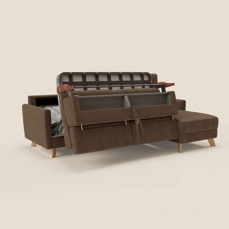 Francy canapé d'angle convertible déhoussable - méridienne avec coffre et têtières inclinables en tissu détachable T17 marron
