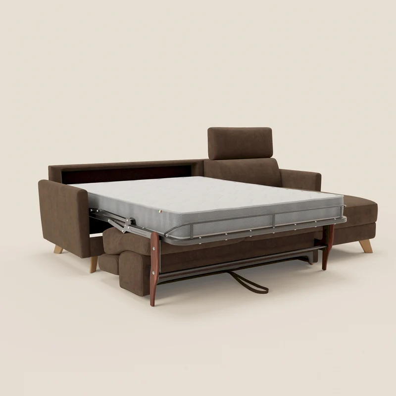 Francy canapé d'angle convertible déhoussable - méridienne avec coffre et têtières inclinables en tissu détachable T17 marron
