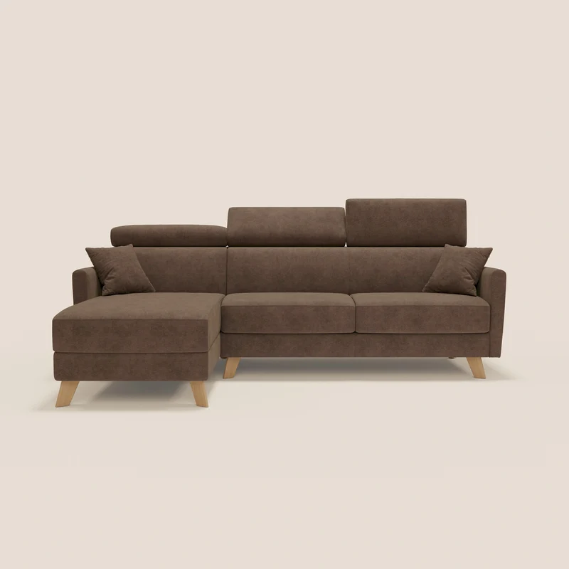 Francy canapé d'angle convertible déhoussable - méridienne avec coffre et têtières inclinables en tissu détachable T17 marron