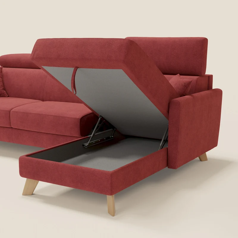 Francy canapé d'angle convertible déhoussable - méridienne avec coffre et têtières inclinables en tissu détachable T17 rouge